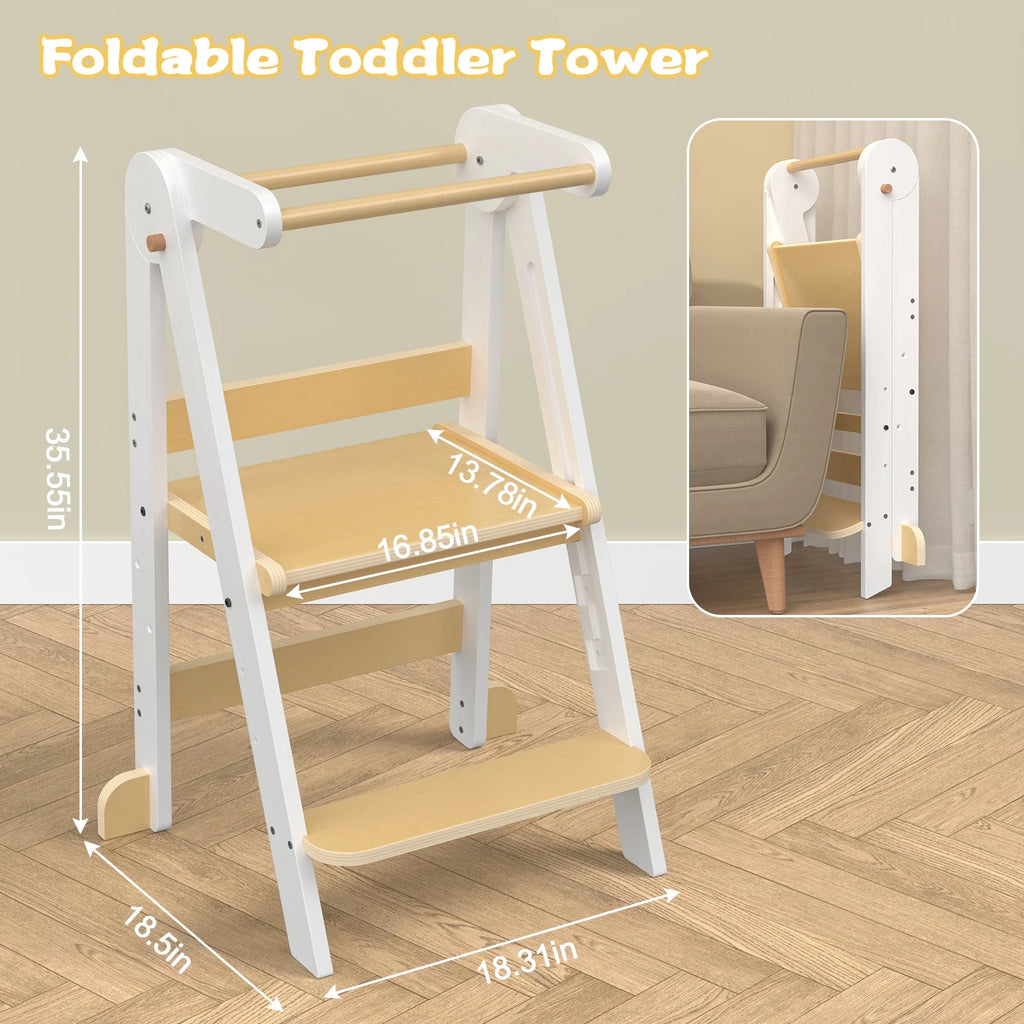 JOZ Kitchen Toddlers Step Stool, Montessori Kids Learning Stool, Foldable Toddler Tower for Counter, Standing Helper for Children, 3 Adjustable Heights, Wooden, White