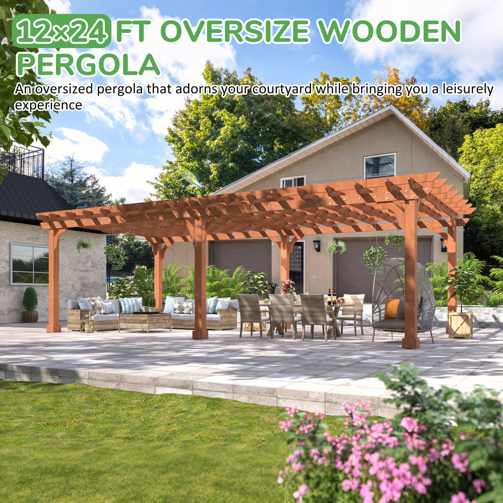 VEIKOUS 12'x10' Cedar Wood Pergola w/ Flat Roof and Ground Stakes for Outdoor Patio, Garden, Deck
