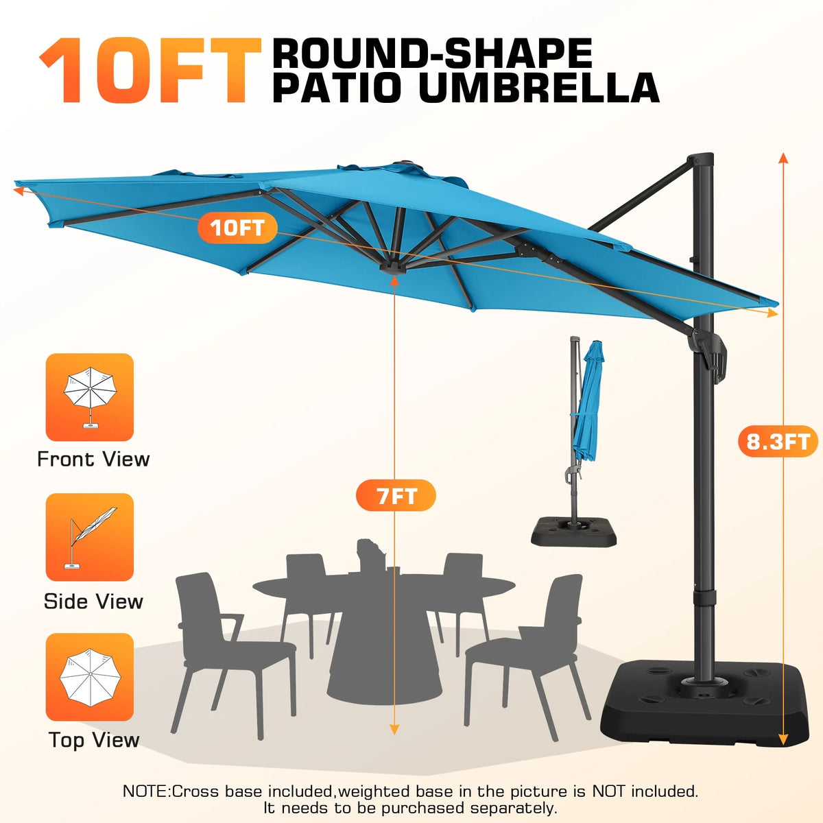HOTEEL 10 Ft Patio Umbrella Outdoor Cantilever Square Umbrella Aluminum Offset Umbrella with Base, 360° Rotation，Gray