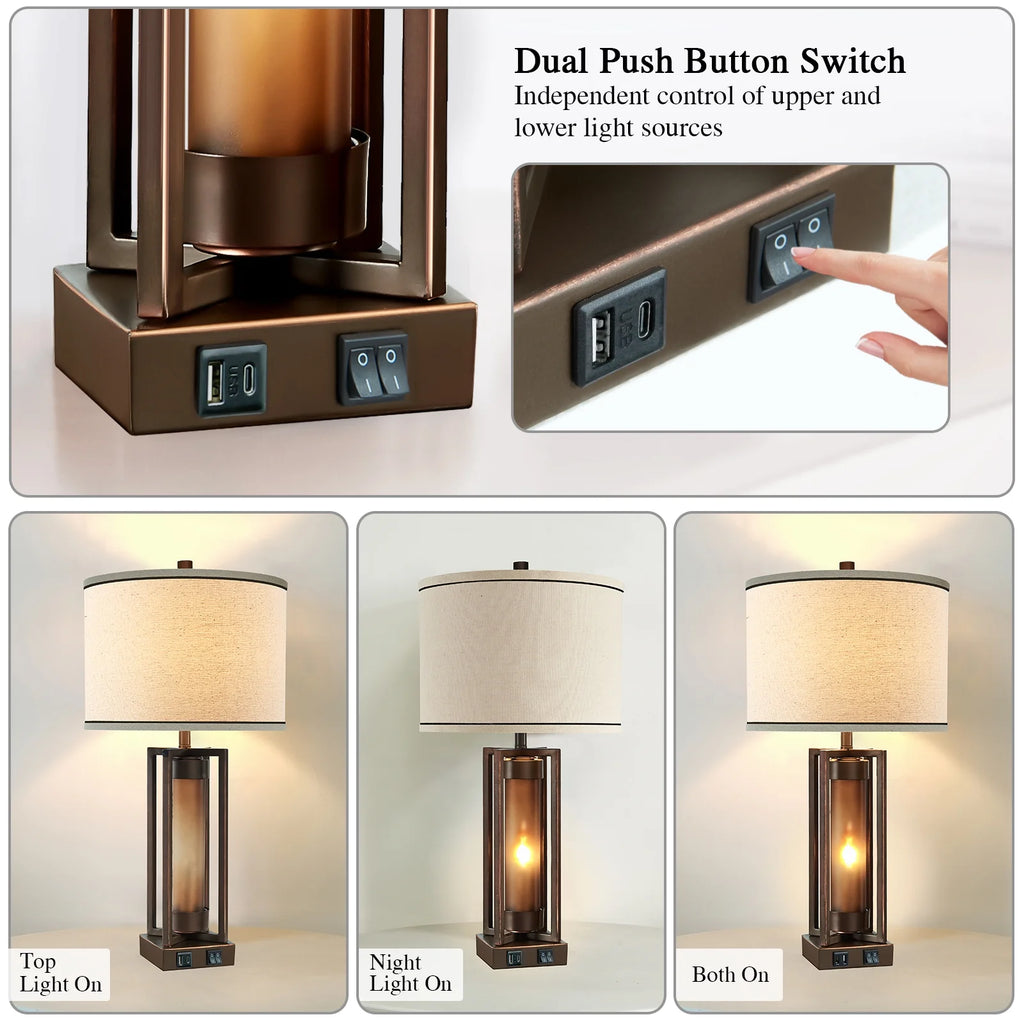 RORIA 24 Modern Living Room Table Lamp 2-Piece Set with 2 USB Charging Ports, Built-in White Frosted Glass with Night Light, Black Vintage Rustic Farmhouse Lamp for Bedroom Nightstand Lamps