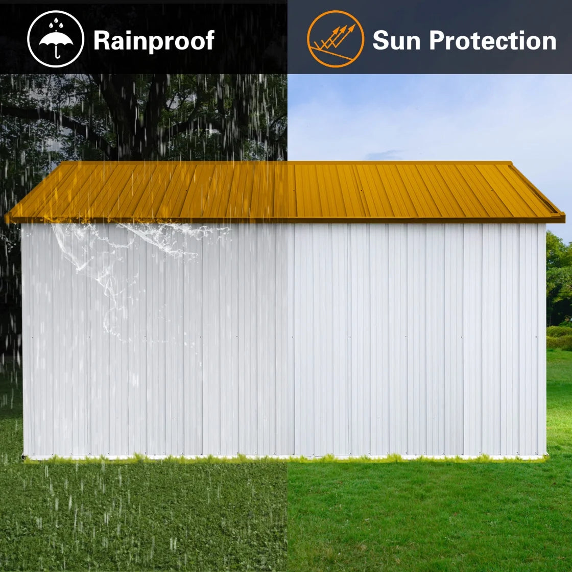 10x12 FT Outdoor Storage Shed, Metal Garden Tool Shed with Vents, Window and Bulit-in Hooks, Waterproof  Organization for Home/Backyard/Garden Tools/Lawn Storage, Yellow+White