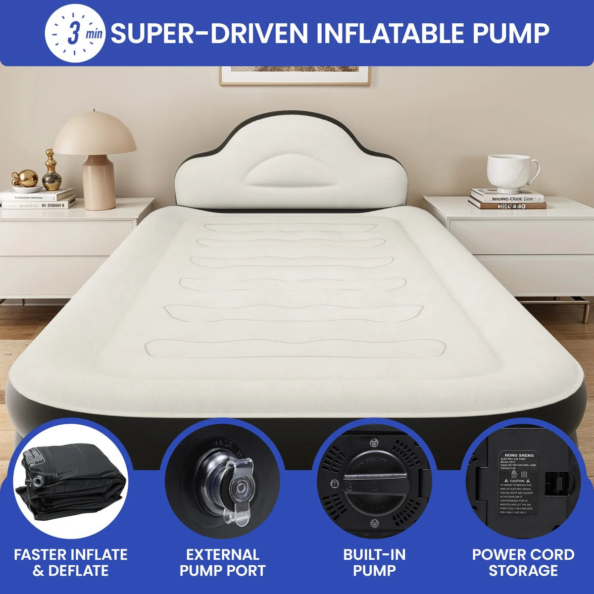 JWRWEF Twin XL Inflatable Air Mattress 18" Raised Bed with Built-in Pump, Headboard & Carry Bag, Portable Blow Up Bed for Guests, Travel, Camping
