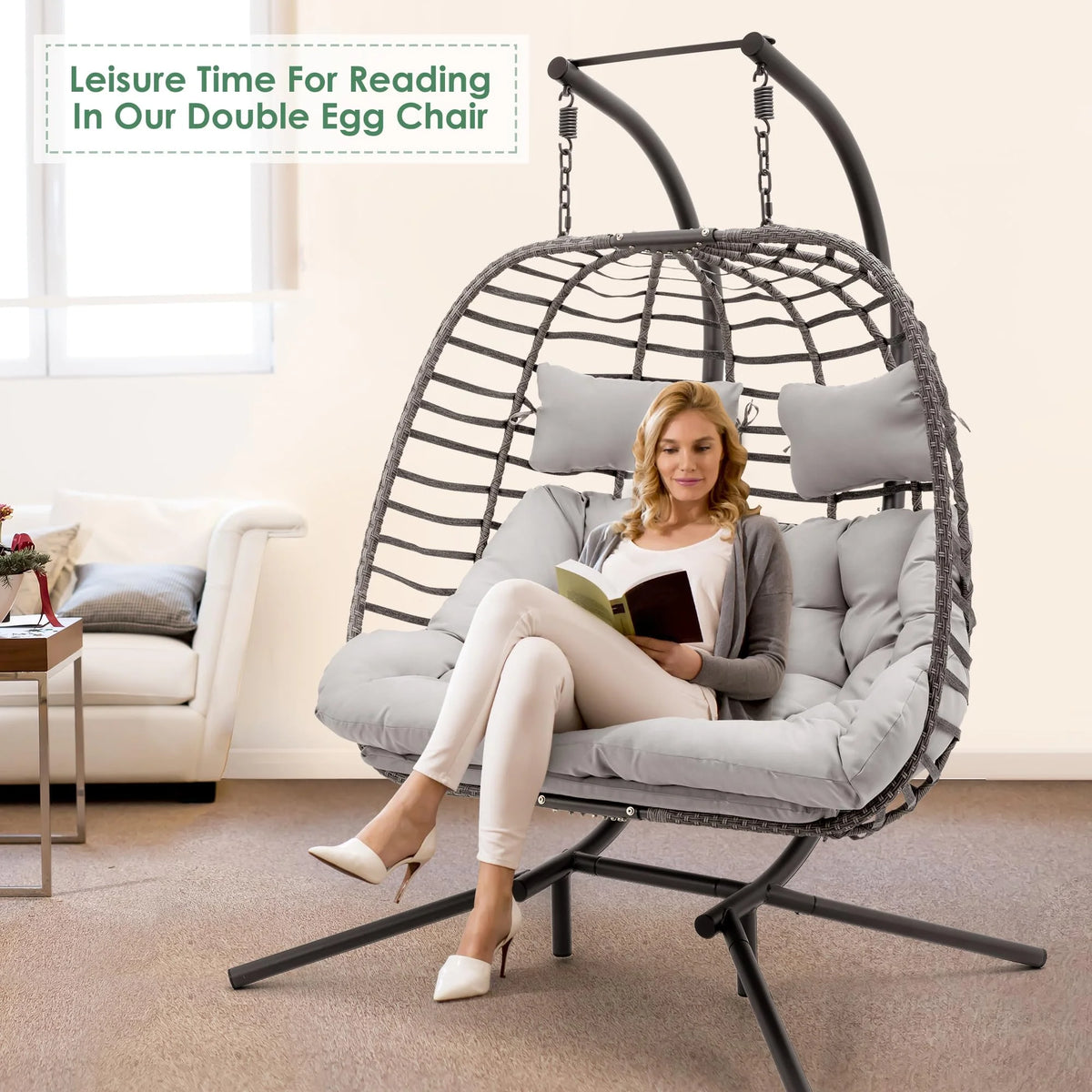 Brafab 2 Person Swing Egg Chair with Sturdy Stand and Fluffy Cushion, Large Double Hand-Woven Wicker Rattan Hanging Egg Chairs, Porch Swing Loveseat 500LBS Capacity for Indoor Outdoor, Light Grey