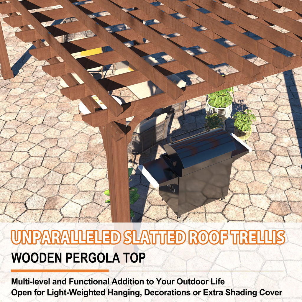 VEIKOUS 12'x10' Cedar Wood Pergola w/ Flat Roof and Ground Stakes for Outdoor Patio, Garden, Deck
