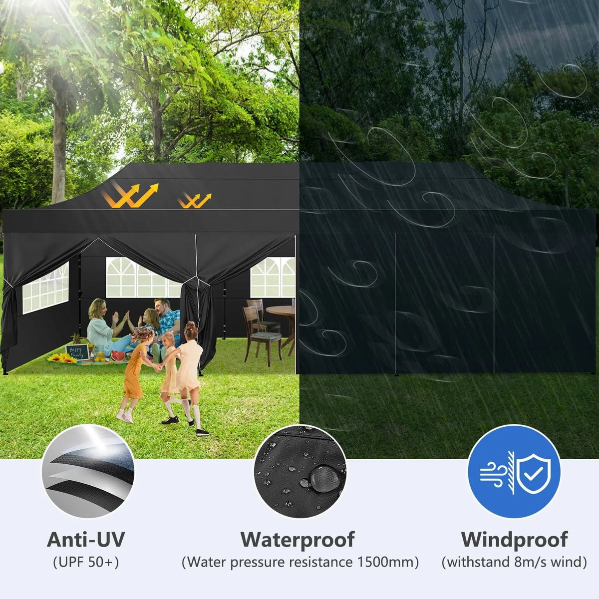 COBIZI 10'x30' Heavy Duty Pop Up Canopy Tent Outdoor Shelter Instant Commercial Tent with 8 Removable Sidewalls, 3 heigh Adjustable Gazebo with Wheeled Bag, Black