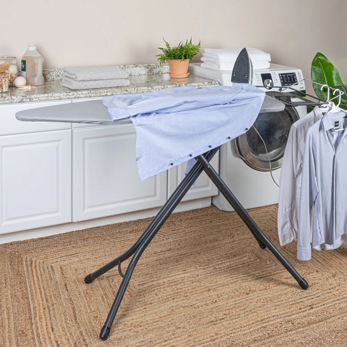 Household Essentials Wide Mega Ironing Board 4-Leg, Steel Top Pressing Station, Heat-Resistant Fiber Pad and Cotton Cover, Includes Sleeve Board and Iron Rest with Hanger Bar, Silver Frame