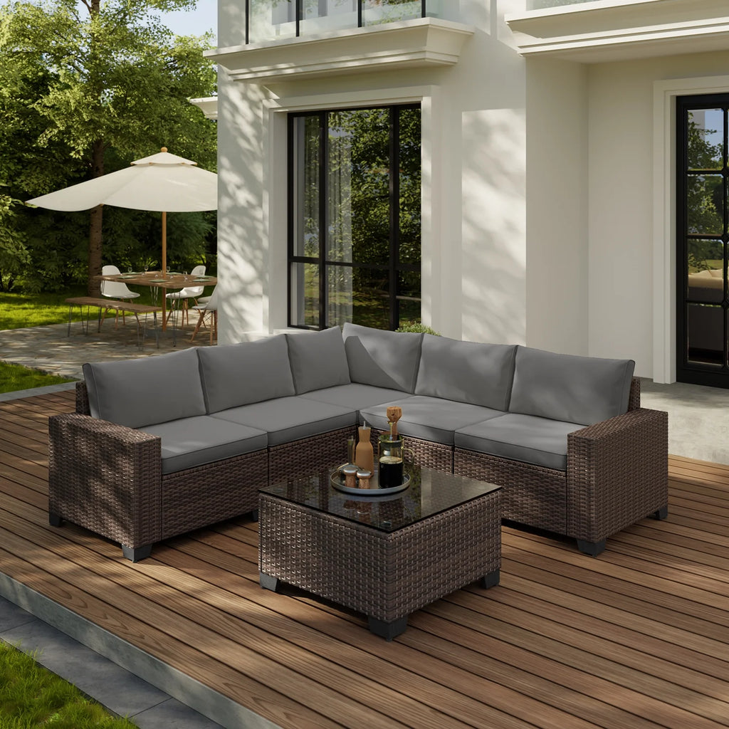 7 Piece Outdoor Patio Furniture Set, Asofer Rattan Wicker Outdoor Conversation Sectional Sofa Set, Gray