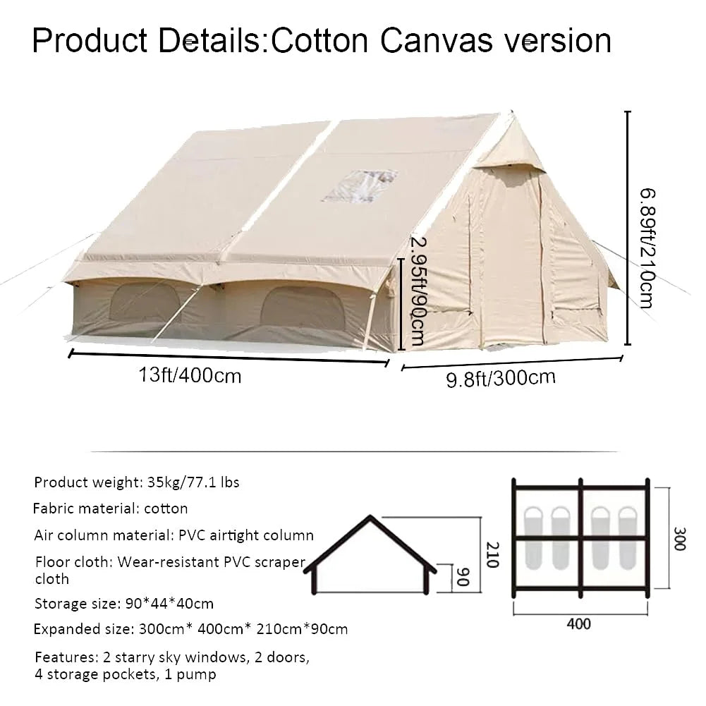 9.8' x 7' Inflatable Camping Tent,4 Season Blow up Tents for Camping, 4-6 Person Inflatable Tent with Stove Jack,Air Tents,Glamping Tent,Waterproof Luxury House with Mesh Window