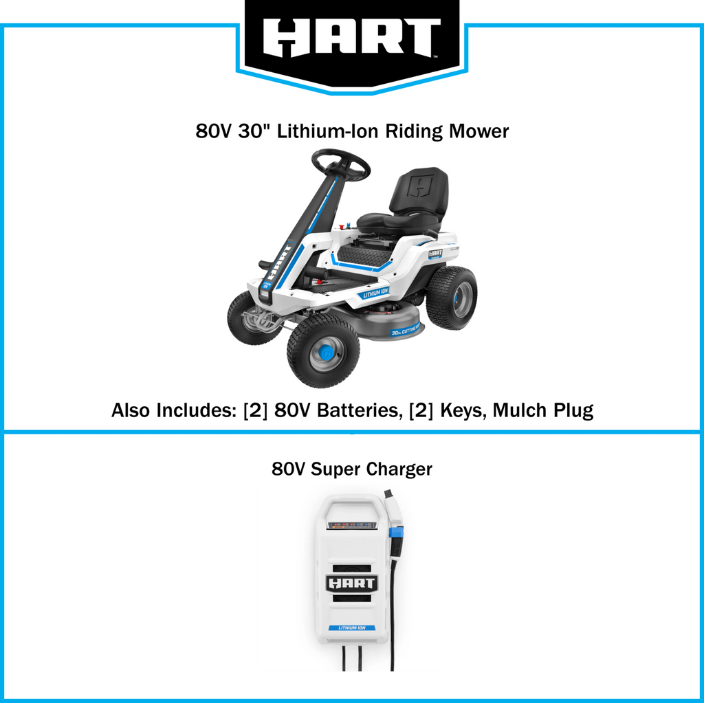 HART 80-Volt 30-inch Deck Lithium-Ion Riding Lawn Mower Kit, (1) Super Charger