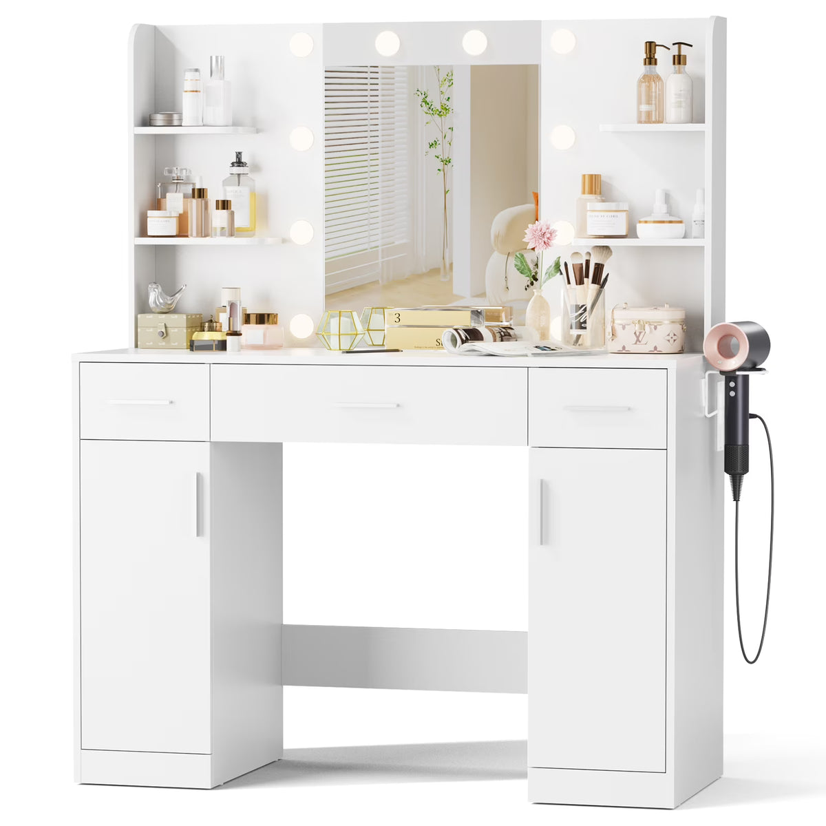 MCQ Dressing Table with Mirror and Light, Adjustable Brightness Dressing Table with Drawers and Storage Shelves, White