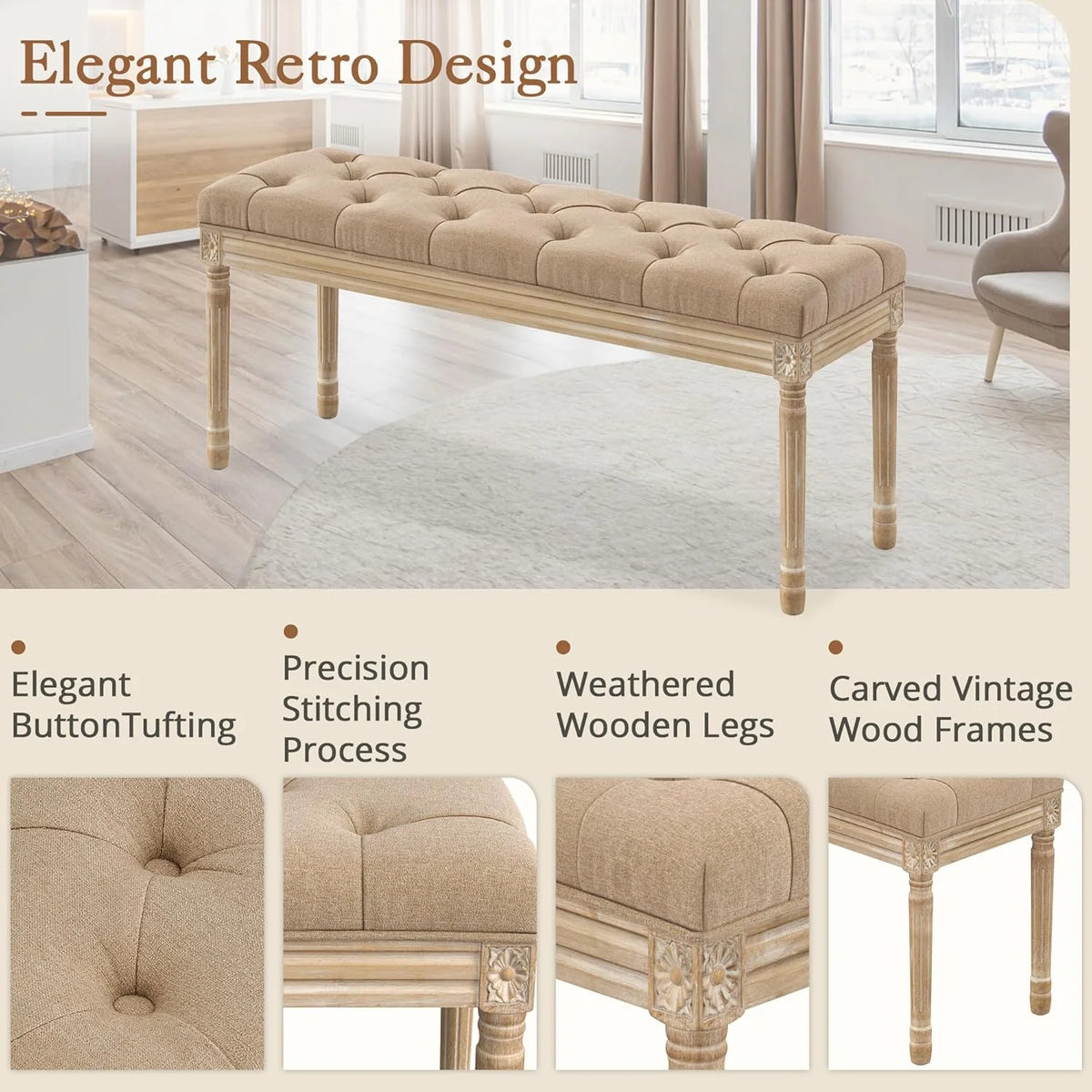 Dycanpo 44'' End of Bed Bench, Vintage Upholstered Bench for Entryway, Wheat