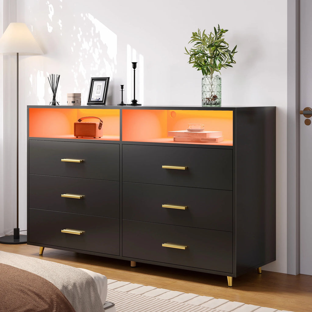 EnHomee Dresser with LED Lights Drawer Dresser with 6 Deep Drawers Wood Dresser for Bedroom TV Stand Dressers & Chests of Drawers Wide Led Dressers,Black