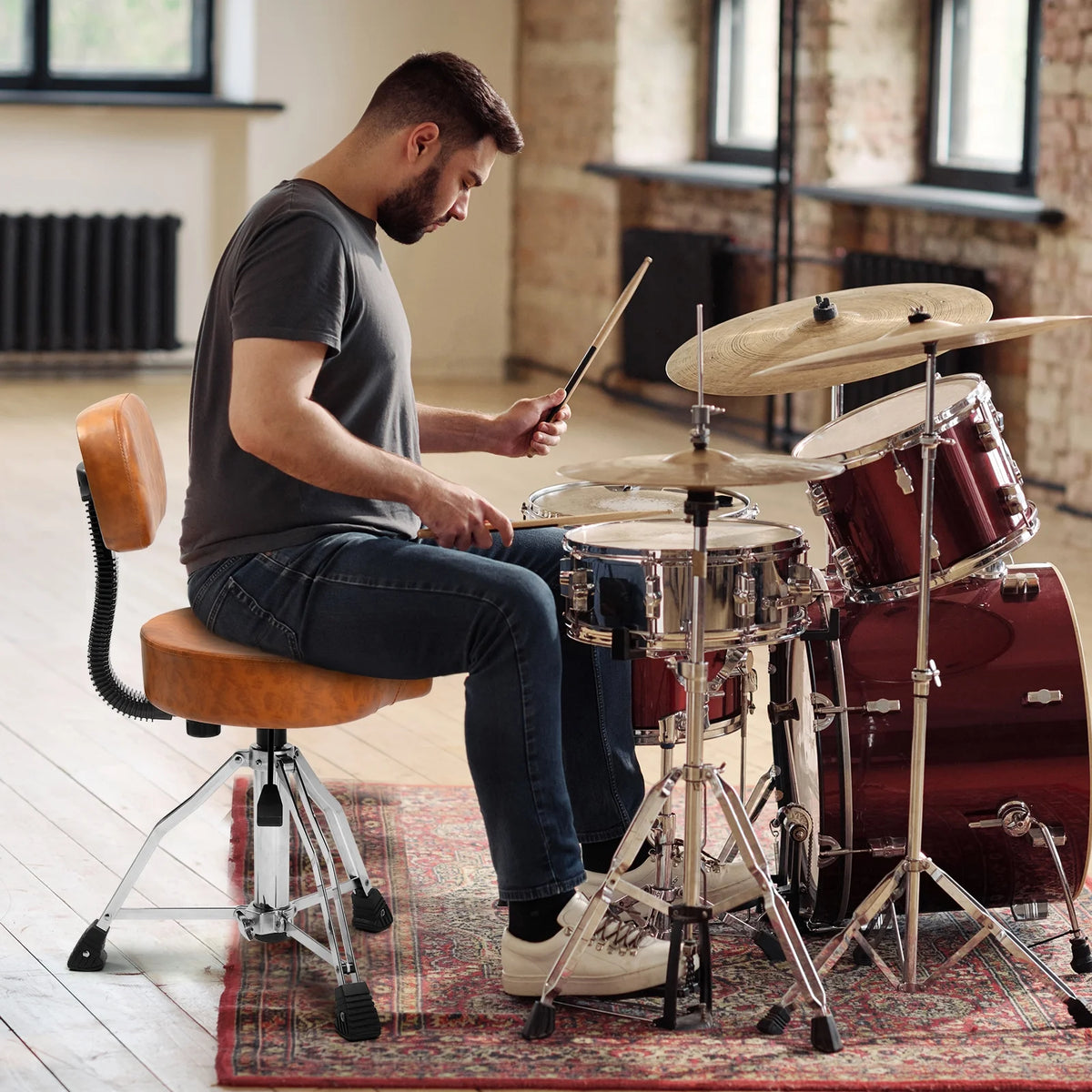 Ktaxon Adjustable Drum Throne with Backrest, 360 Rotating Hydraulic Seat, Thick Cushion for Home, Classroom, and Concert Use, Black