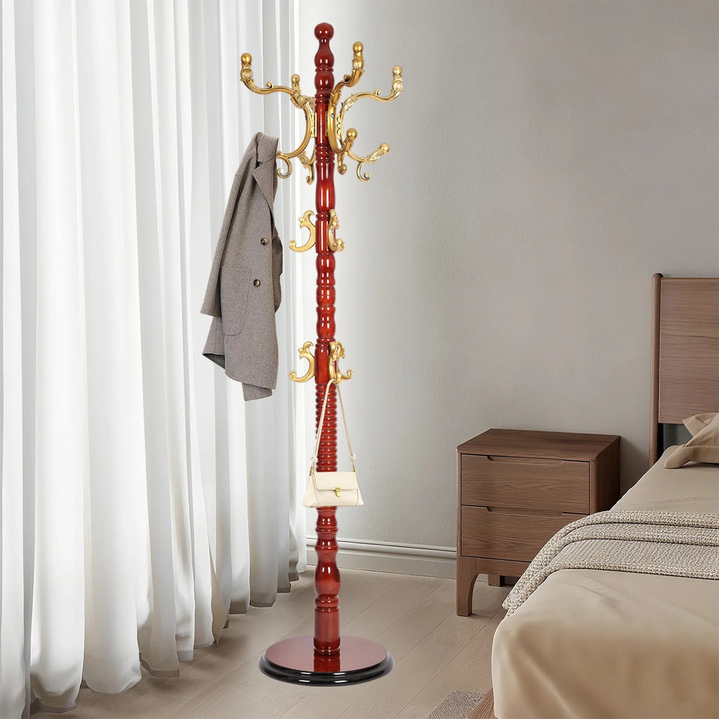 Coat Rack Freestanding, Hall Tree with 11 Hooks, Heavy Duty Wooden Coat Tree Stand, Adjustable Height, Sturdy Base for Bedroom Hallway Office - Load 270lbs
