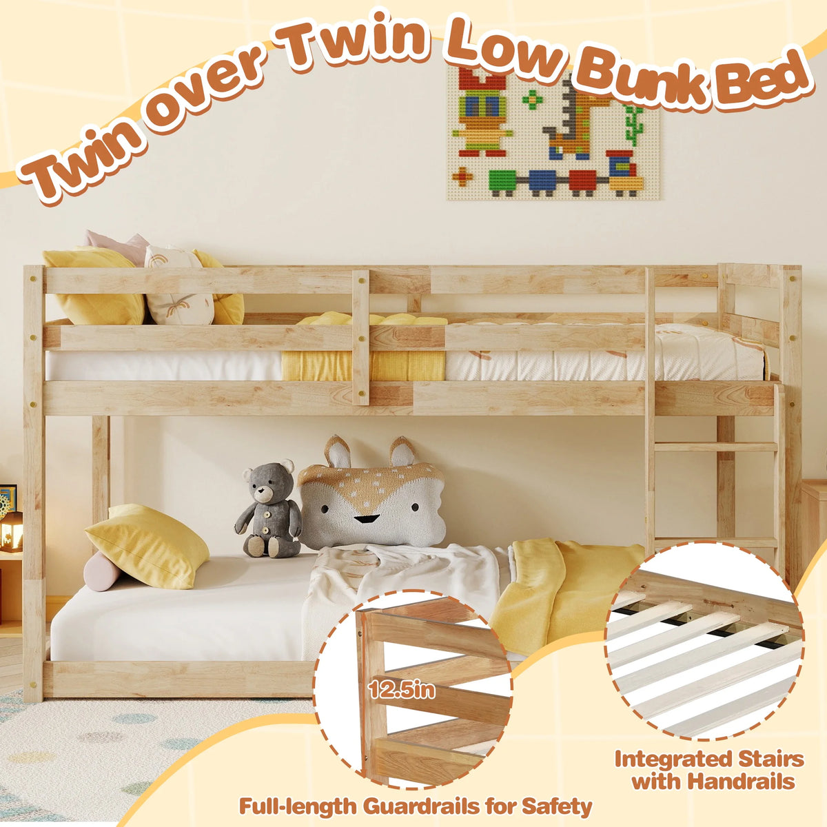 SESSLIFE Bunk Bed Twin Over Twin, Low Floor Bunk Bed with Guard Rails for Dorm, Small Space, No Box Spring Needed(White)