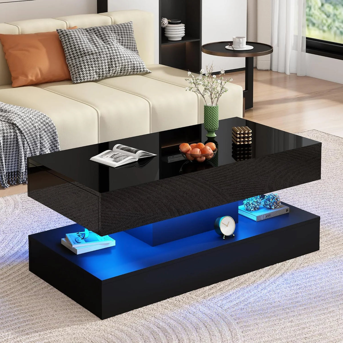 ChVans Large Black LED Coffee Table with 2 Storage Drawers, Modern High Gloss Coffee Table w/20 Colors LED Lights/APP Control, 2 Tiers Rectangle Large Living Room Furniture w/Marbling Print(47.3")