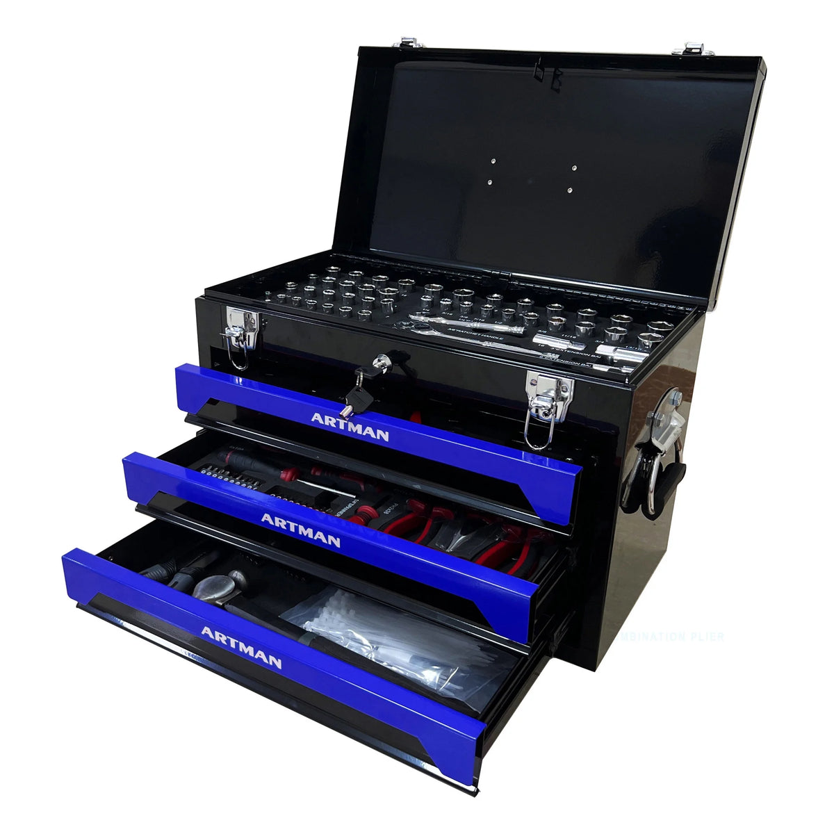 NIGSQJB Tool Set 439pcs with 3 Drawers Tool Box Organizer, Mechanic Tool Set for Home, Tool Box Set 4-Tier Socket Wrench Ratchet Plier Nails, Home Tool Set Mechanics Kit for Adults Man Handyman, Red