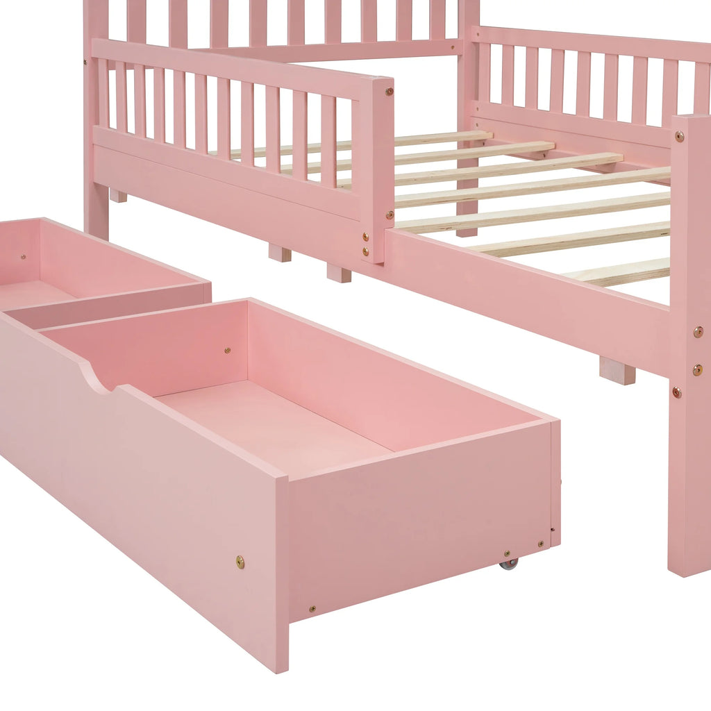 Bellemave Twin Bed with Storage Drawers and Fence Rails, Wood Platform Beds Frame with Headboard, Twin Size Storage Bed for Kids Boys Girls Teens White)