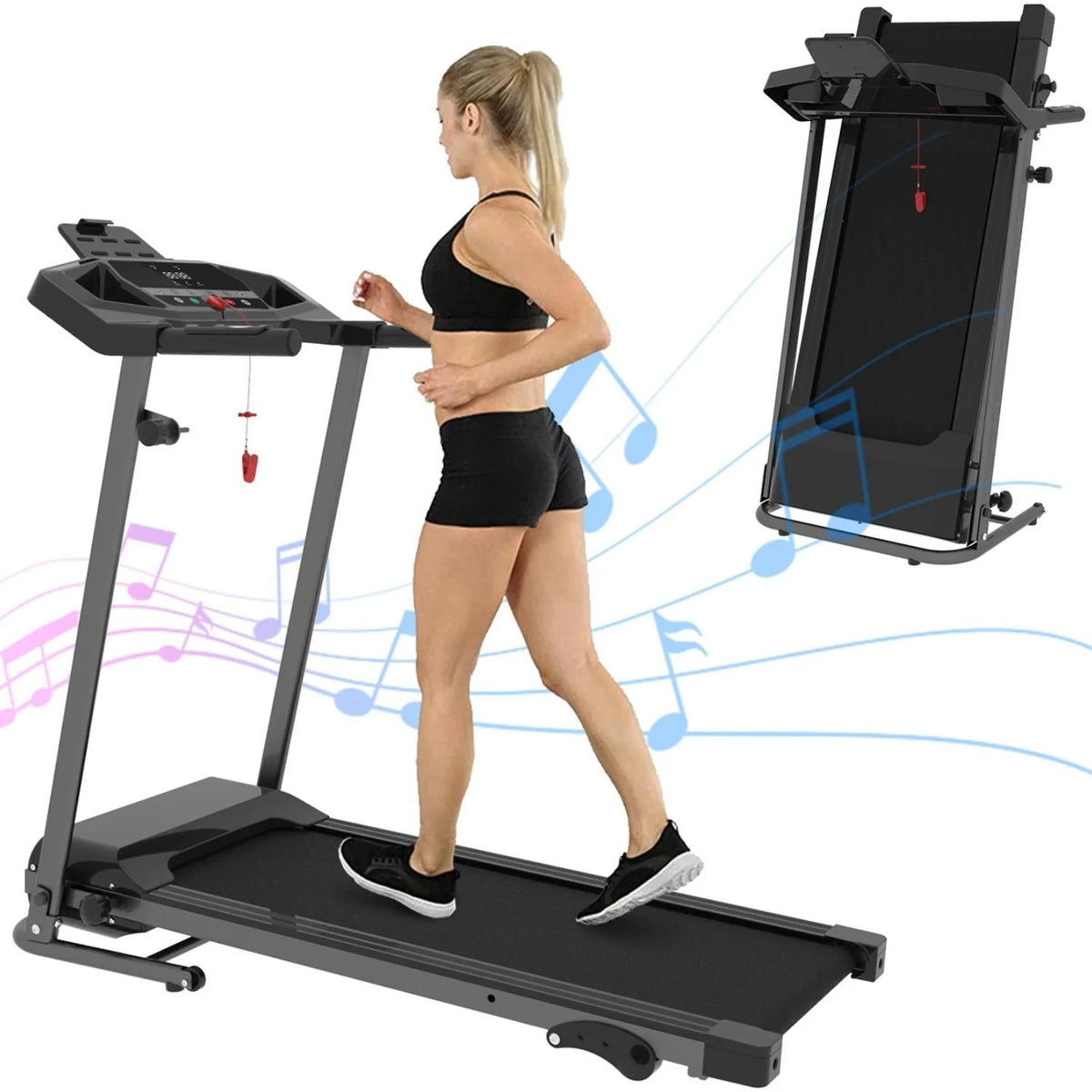 Clearance Folding Treadmill with Incline Foldable Electric Running Walking Machine for Home Fitness Jogging Exercise, Shock-Absorbent Running Deck, Device Holder - Black
