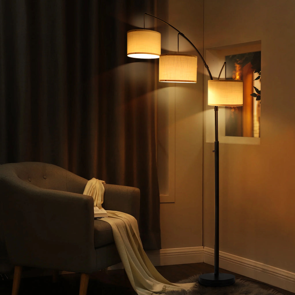 Netin 80 3-Light Modern Dimmable Black Arc Floor Lamp with Beige Shades