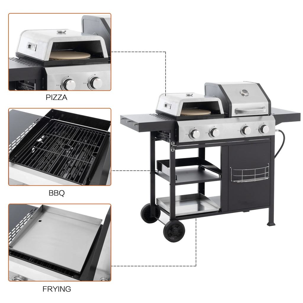 4-Burner BBQ Grill W/Side Burner, 50,000BTU Gas Propane Grill Portable with Storage Cabinet, Heavy-Duty Stainless Steel Outdoor Cooking, with Tank Hook, Towel Rack, Steel Brush