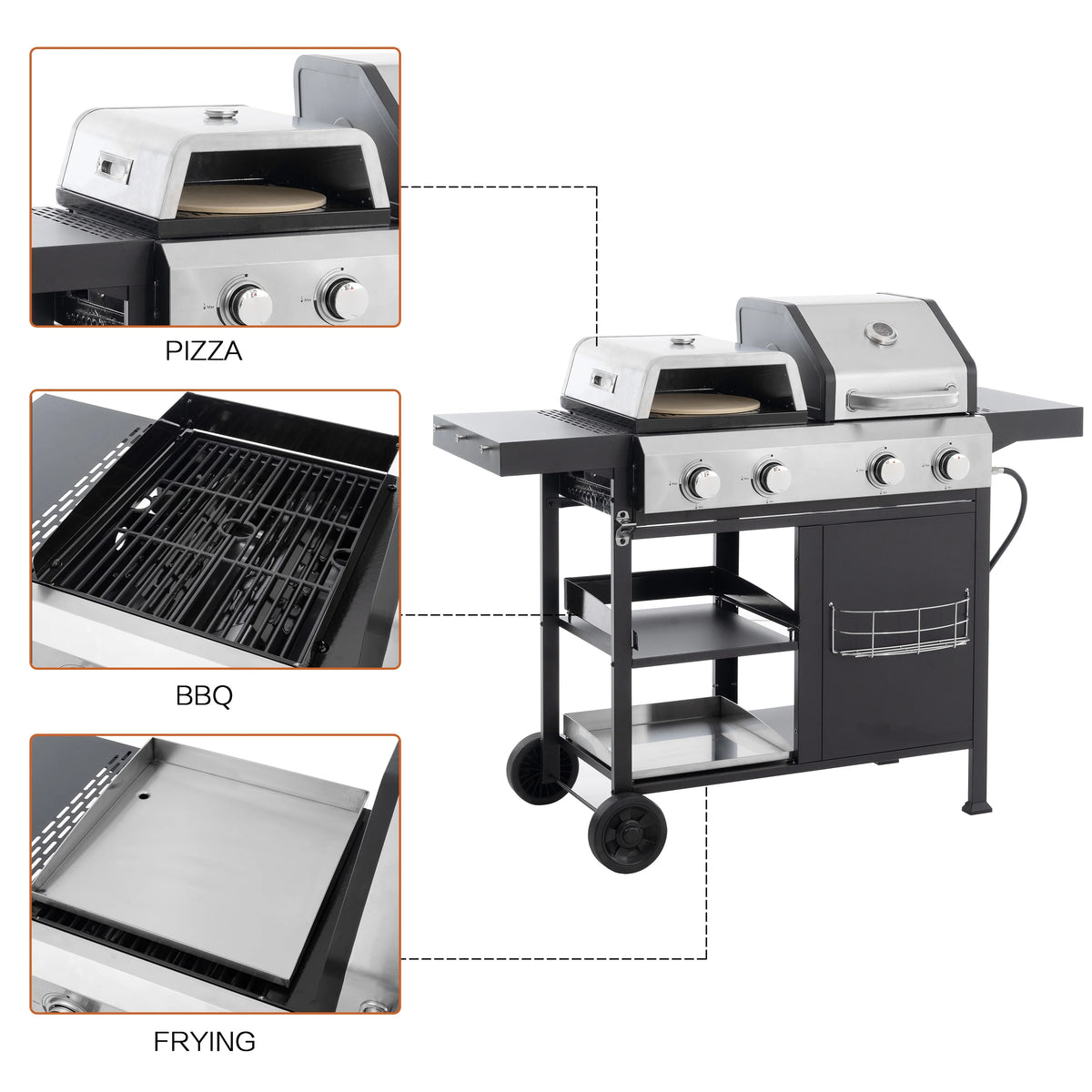 4-Burner BBQ Grill W/Side Burner, 50,000BTU Gas Propane Grill Portable with Storage Cabinet, Heavy-Duty Stainless Steel Outdoor Cooking, with Tank Hook, Towel Rack, Steel Brush