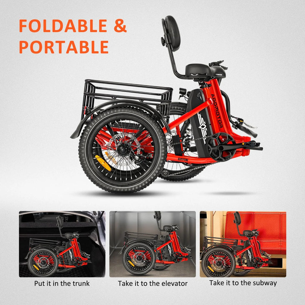 Addmotor Folding Electric Trike, 90MI Electric Tricycle for Adults, 750W 48V 20Ah, CITYTRI 3 Wheel Electric Bikes, Step-Thru Etrike with Rear Speed Differential & Parking Brake, E-310 Plus Red