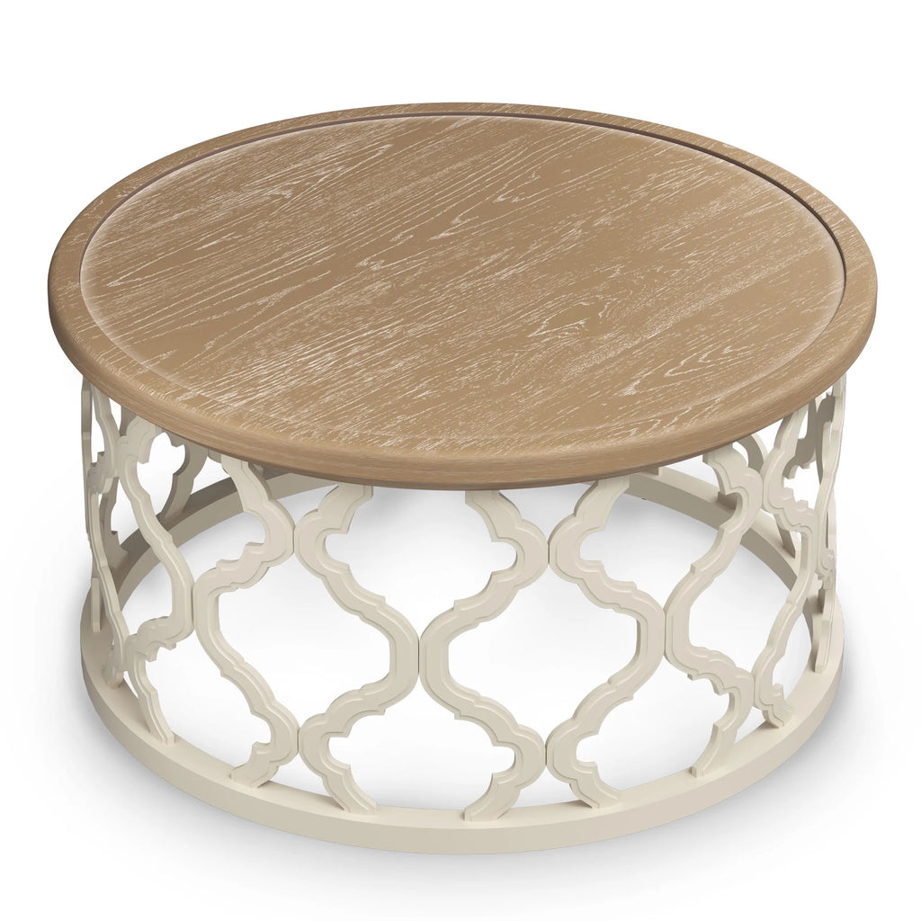 Bestco 30" Farmhouse Coffee Table, Round French Country Coffee Table, Distressed Wood Tray Top Vintage Coffee Table with Storage Shelf, Beige
