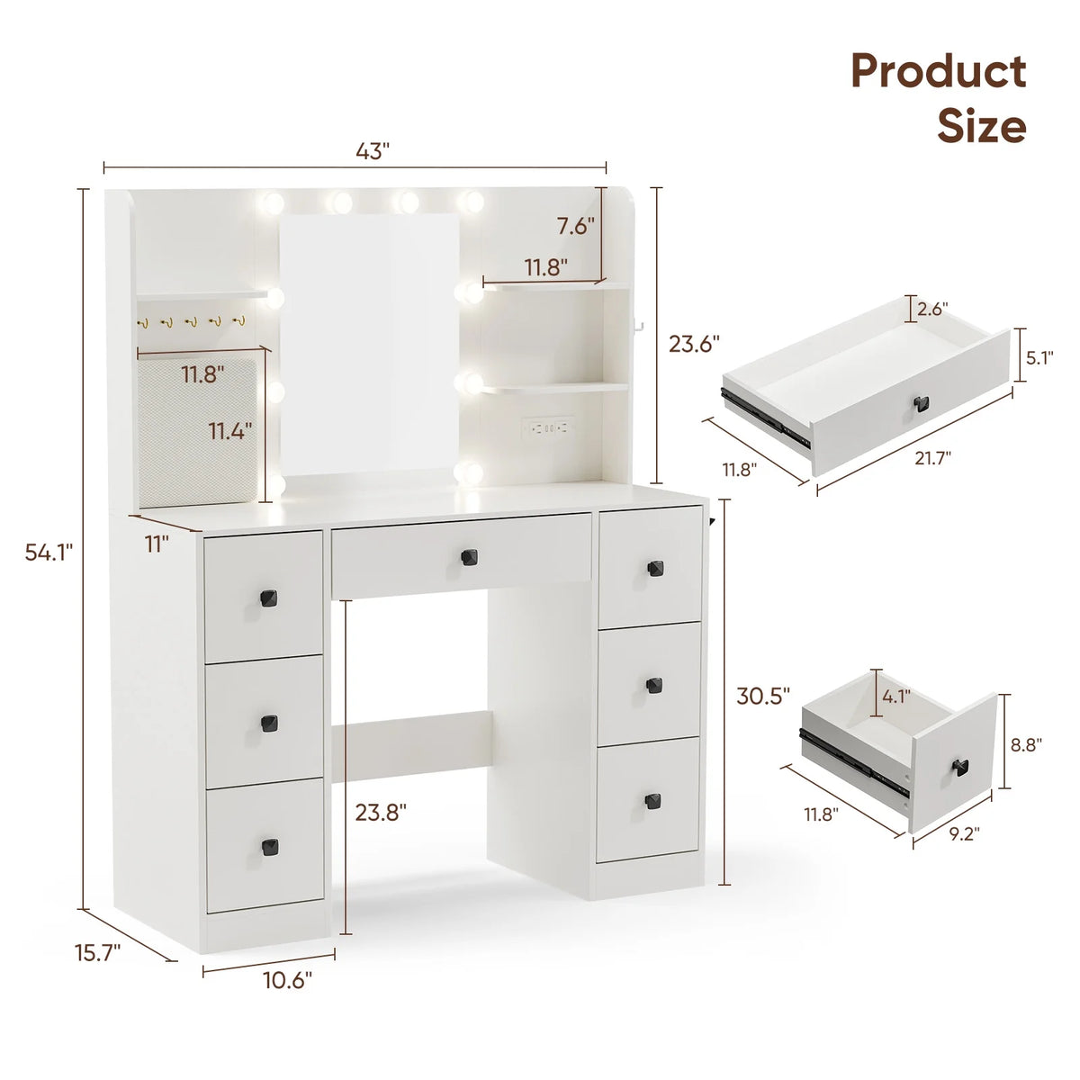 Cottinch Vanity Desk 3 Color Lighted Mirror,Makeup Dressing Table with 4 Drawers and Storage Shelves,2 Outlets,2 USB Ports,White