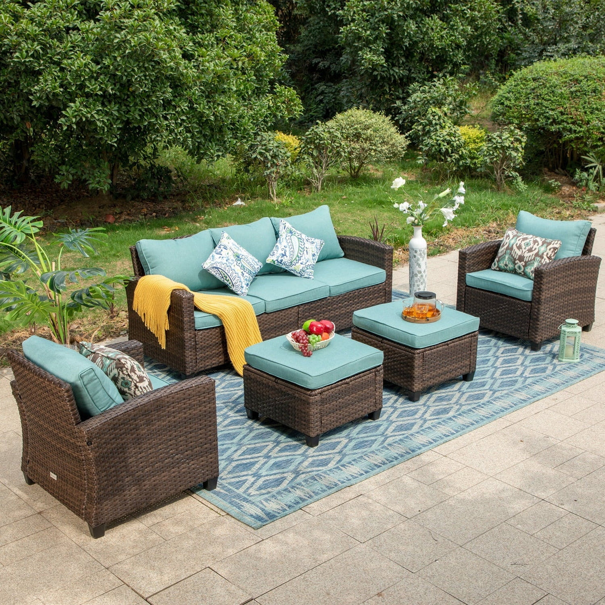 MF Studio 7-Seat Outdoor Patio Conversation Set Wicker Furniture Sofa Set Blue