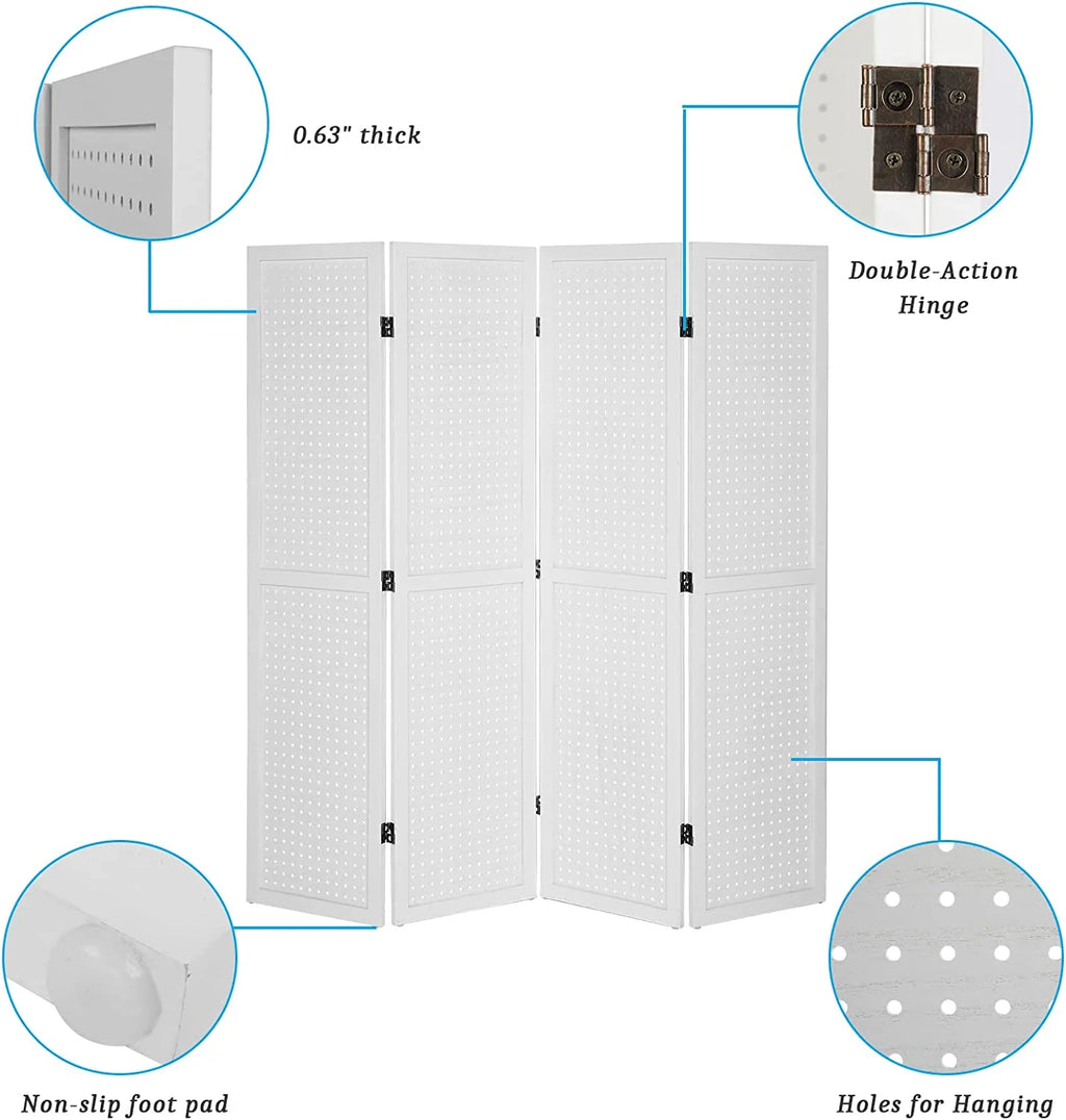 Bonnlo 4 Panel Pegboard Freestanding, 5 FT Portable Display for Craft Show Jewelry, Wooden Folding Room Divider