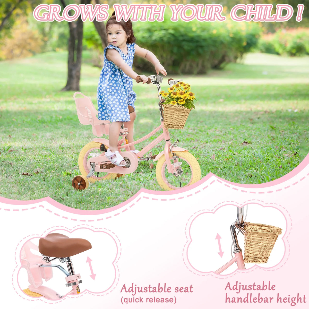 XJD Girls Bike for Toddlers and Kids Ages 2-12 Years Old,12 14 16 Inch Kids Bike with Training Wheels & Basket, 20 Inch Girls Bicycle with Handbrake & Kickstand