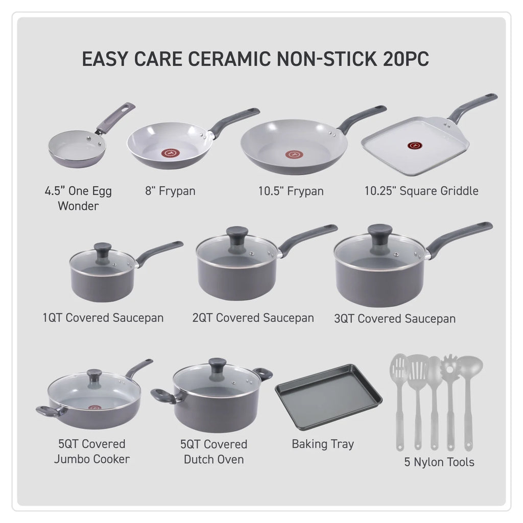 T-fal Easy Care Ceramic, 20 Piece Pots and Pans Cookware Set, Electric Blue