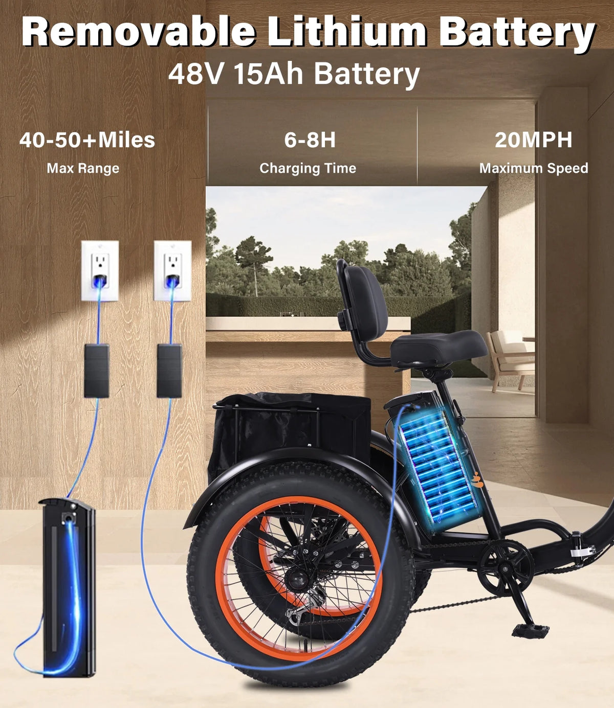 YEBEI Electric Tricycle for Adults Folding E-Trike Motorized Tricycle Electric 3 Wheels Trike Powerful 500W Motor Electric Tricycle 48V15AH Lithium Battery Max 20MPH 20*4.0 Fat Tire Orange