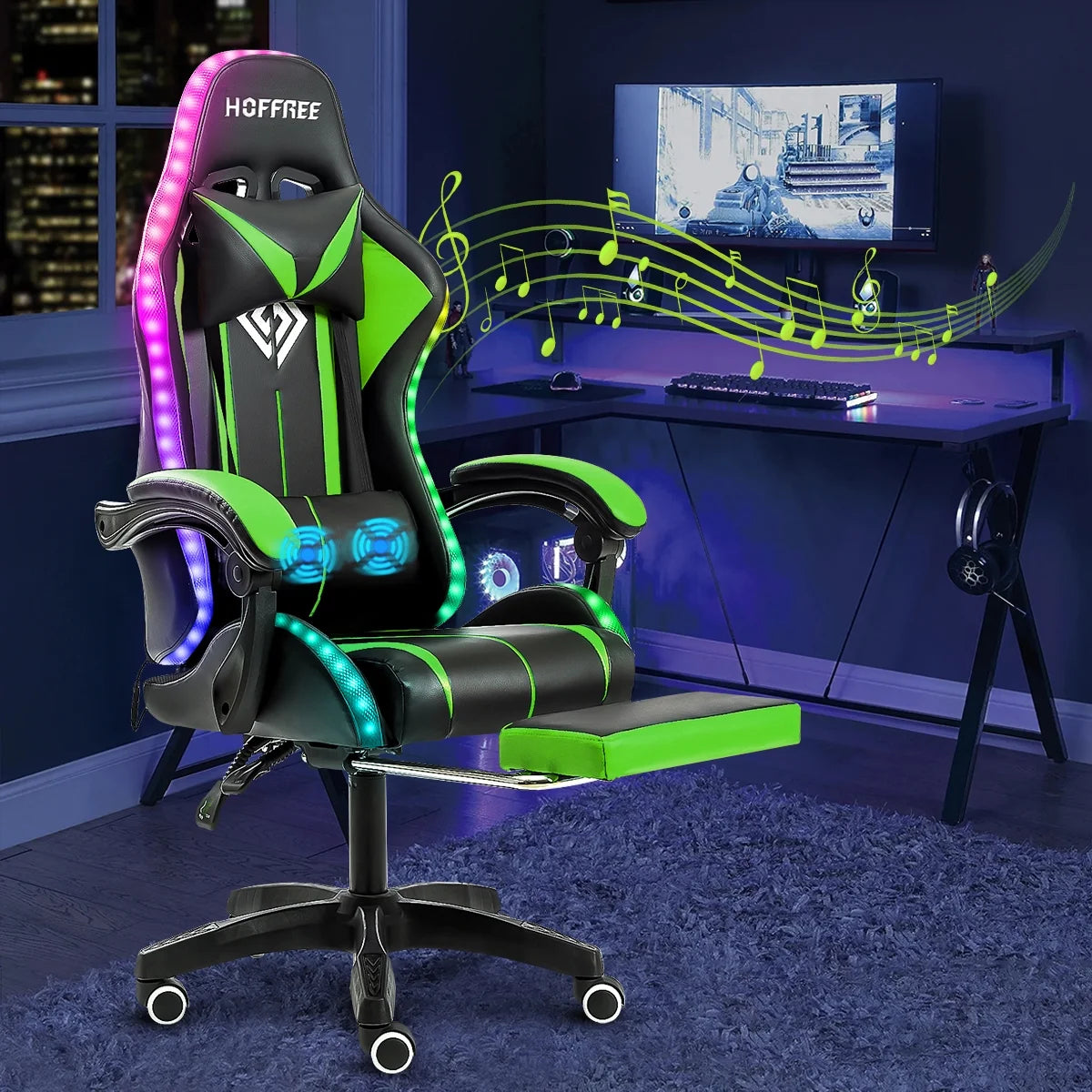 Hoffree Gaming Chair with Bluetooth Speakers and Footrest Massage Office Chair with LED Lights Ergonomic Game Chair High Back with Lumbar Support and Headrest Adjustable Swivel for Adults 300lb