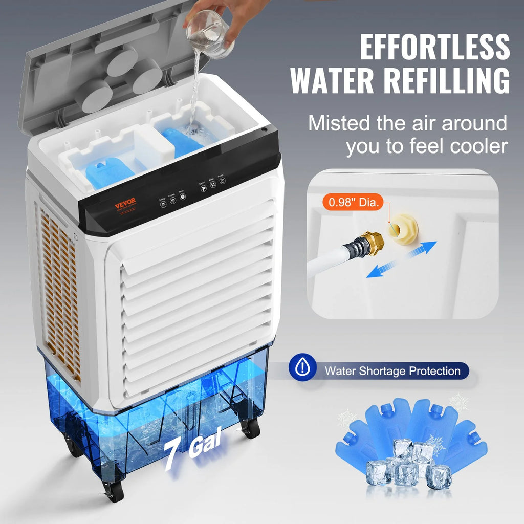 VEVOR Evaporative Air Cooler, 2100 CFM, 135 Oscillating Swamp Cooler with Adjustable 3 Speeds and 12 H Timer, 7 Gal Portable Air Cooler for 750 Sq.ft, Indoor/Outdoor Use