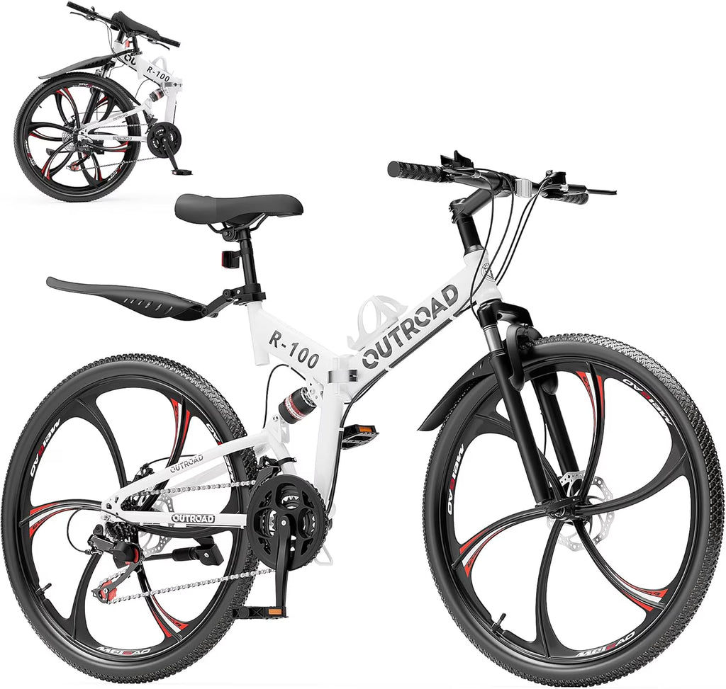 SUNCROWN 26 Inch Folding Mountain Bike, 21 Speed Full Suspension High-Carbon Steel MTB Foldable Bicycle, Dual Disc Brake Non-Slip Folding Bikes for Adults/Men/Women, Black