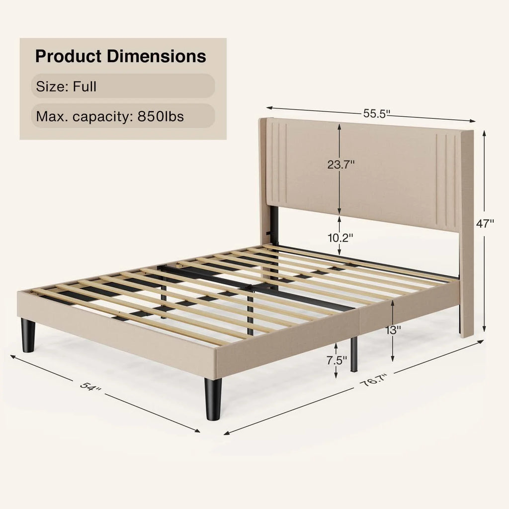Full Size Bed Frame, Bed Frame with Wingback Headboard Hold 850 lbs, Dark Gray