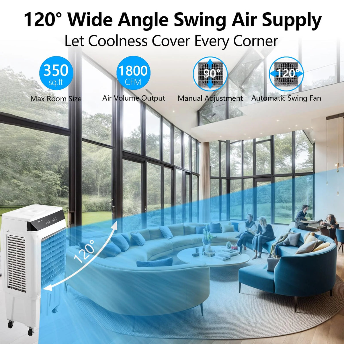 Evaporative Air Cooler, 1800CFM Swamp Cooler with 8.4 Gallon Water Tank and 4 Ice Packs, 3 Modes & Wind Speeds for Outdoor Indoor Use