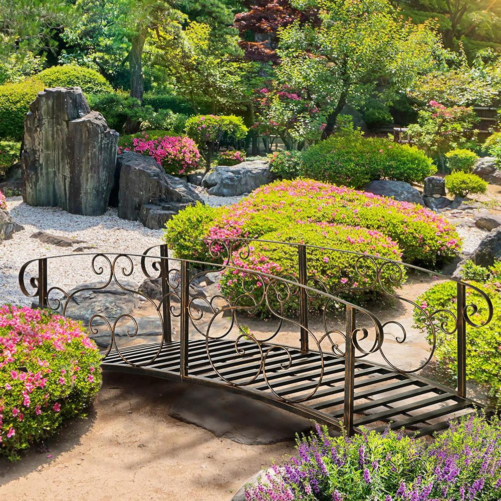Resenkos Garden Bridge, Garden Ornament Bridge,Metal Arch Backyard Garden Bridge, Safety Siderails, Arc Footbridge, Bronze