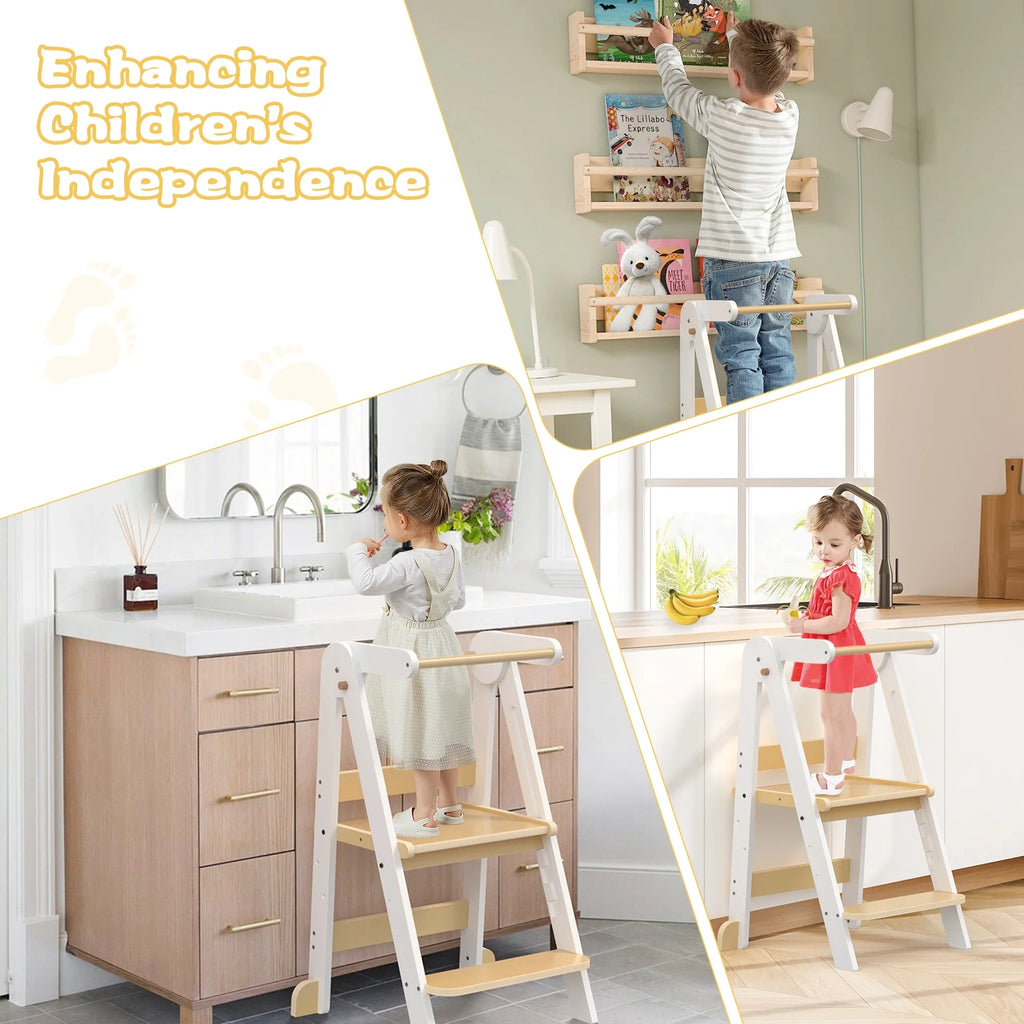 JOZ Kitchen Toddlers Step Stool, Montessori Kids Learning Stool, Foldable Toddler Tower for Counter, Standing Helper for Children, 3 Adjustable Heights, Wooden, White