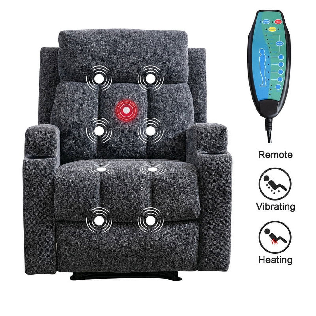 Bonzy Home Heated Manual Massage Recliner with Cup Holder Padded Breathable Fabric Recliner, Home Theater Seating Navy