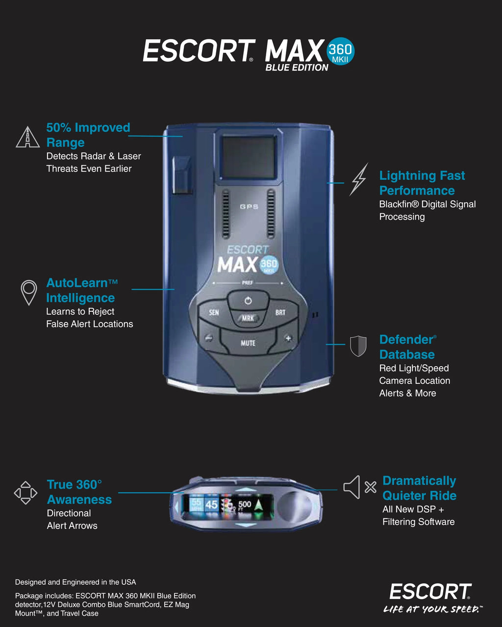 Escort MAX 360 MKII Bluetooth Radar Detector (Blue Edition), 360 Awareness, Exceptional Range, Apple CarPlay & Android Auto