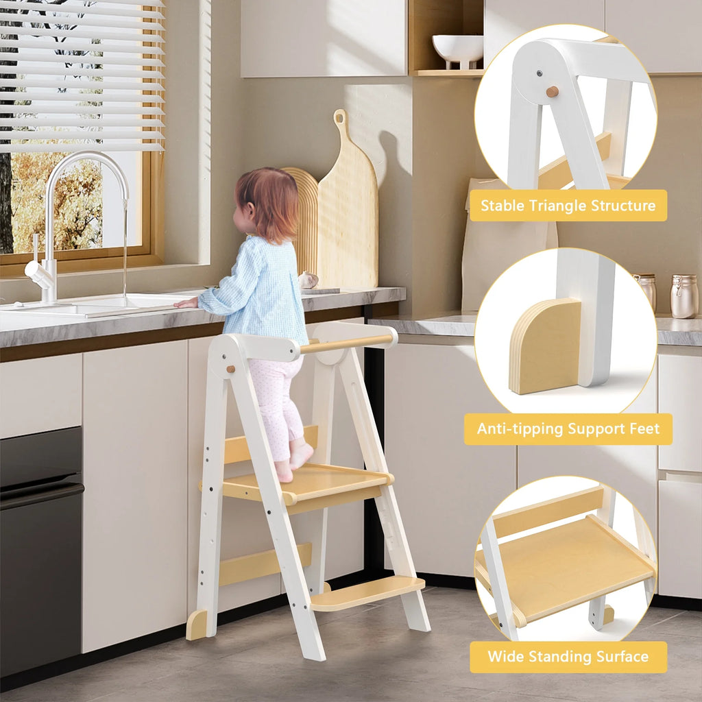 JOZ Kitchen Toddlers Step Stool, Montessori Kids Learning Stool, Foldable Toddler Tower for Counter, Standing Helper for Children, 3 Adjustable Heights, Wooden, White