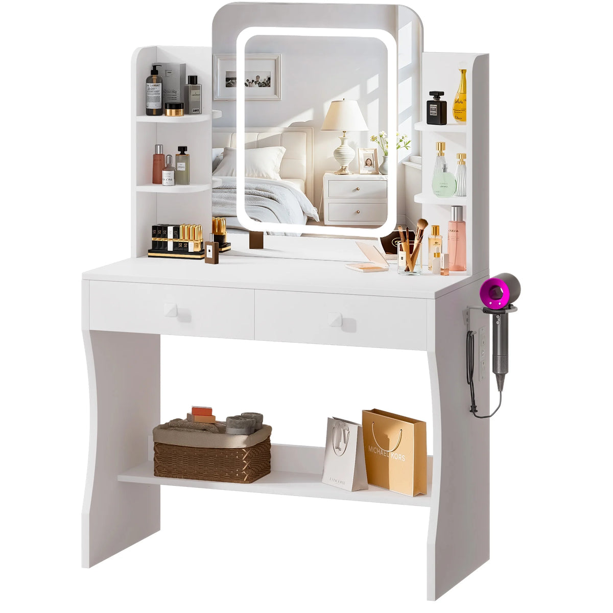 LIVELYGLOW Vanity Desk Set with Square Mirror and Light- Small Vanity Table with Drawers- White