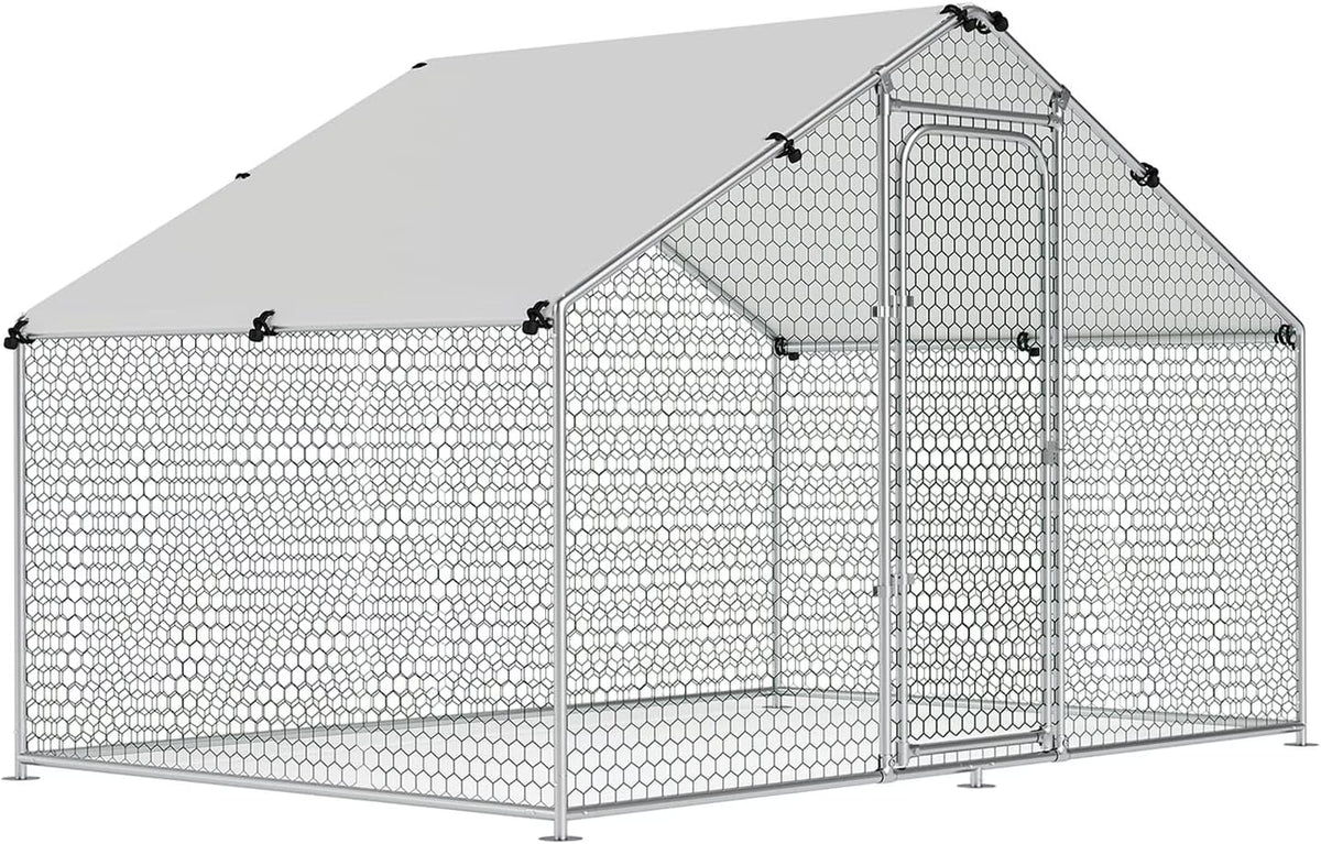 Large Metal Chicken Coop Walk-in Poultry Cage with Waterproof and UV-Resistant Cover Outdoor Chicken Run Hen Rabbit Duck House for Backyard Farm Use Spire Roof(10 W x 4.9 L x 6.4 H)