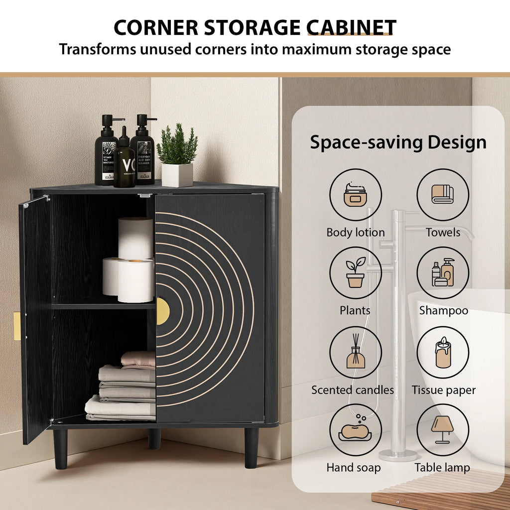 Accent Cabinet with Round Carved Line Door for Entryway Hallway, Walnut Sideboard Buffet Cabinet, Storage Cabinet with Adjustable Shelves for Living Room
