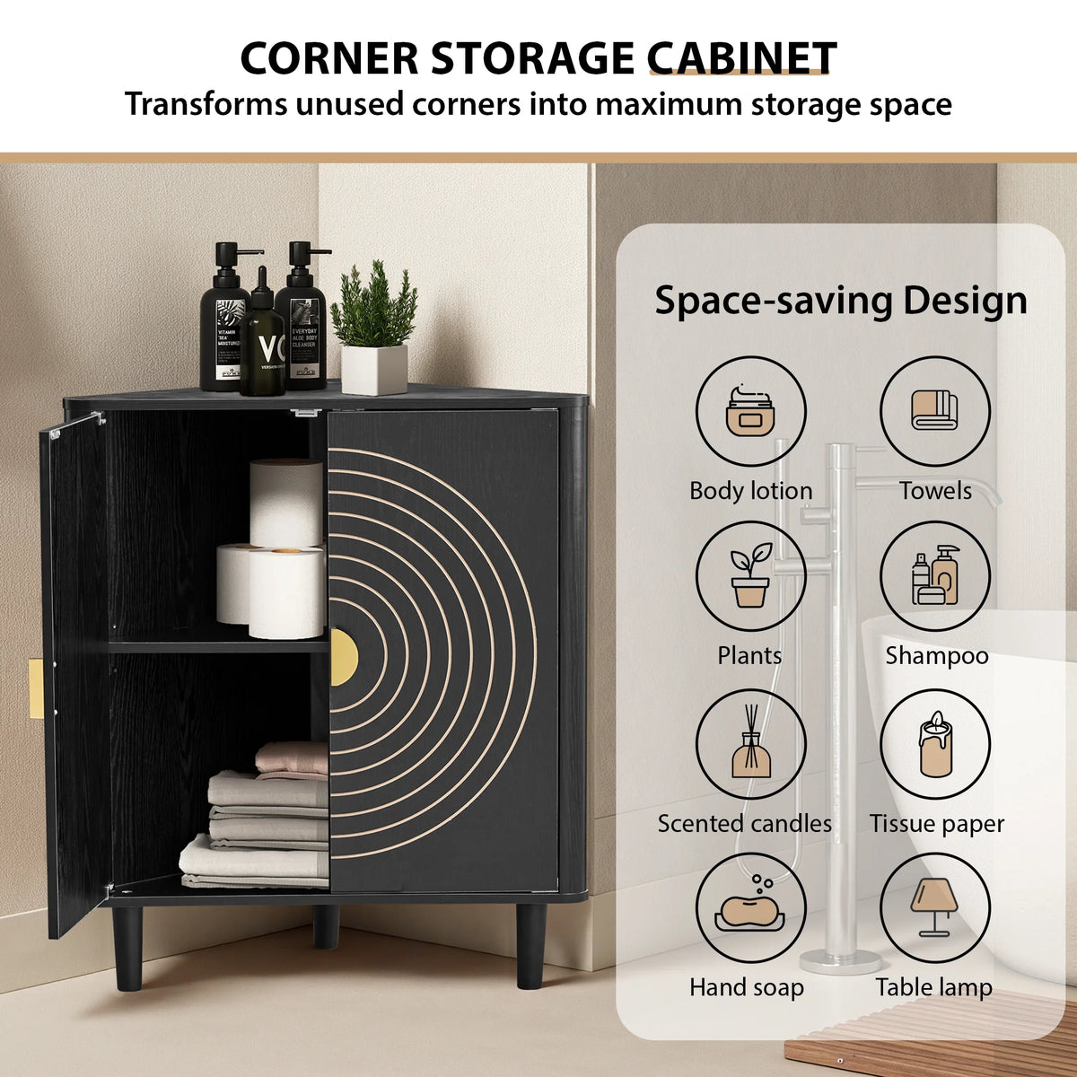 Accent Cabinet with Round Carved Line Door for Entryway Hallway, Walnut Sideboard Buffet Cabinet, Storage Cabinet with Adjustable Shelves for Living Room