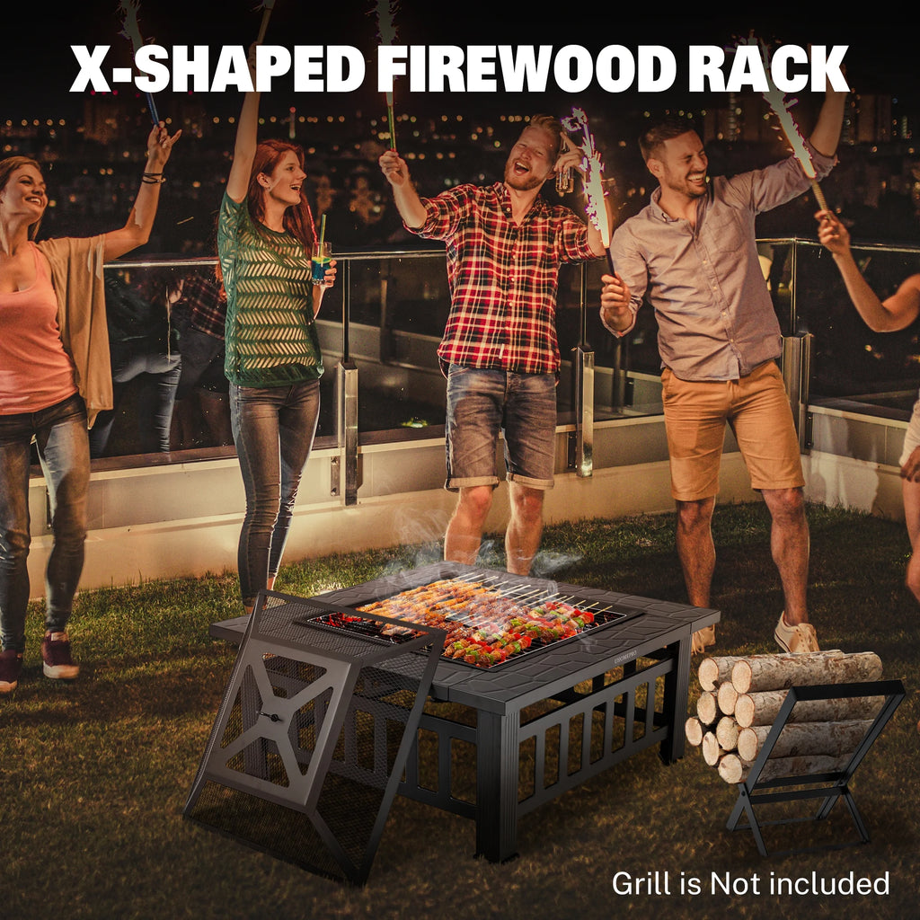 Fire Pits for Outside, 32" Wood Burning Fire Pit Tables with Firewood Rack, Screen Lid, Poker, BBQ Net, Food Clip and Cover, Backyard Patio Garden Outdoor Fire Pit BBQ Fire Pit, Black