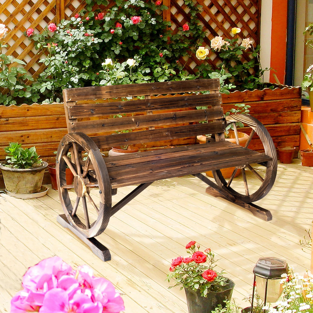 DUOSONG Outsunny 41" Wooden Wagon Wheel Bench, Rustic Outdoor Patio Weather Resistance Furniture, 2-Person Slatted Seat Bench With Backrest, Carbonized Brown Wood Garden & Outdoor Outdoor & Patio